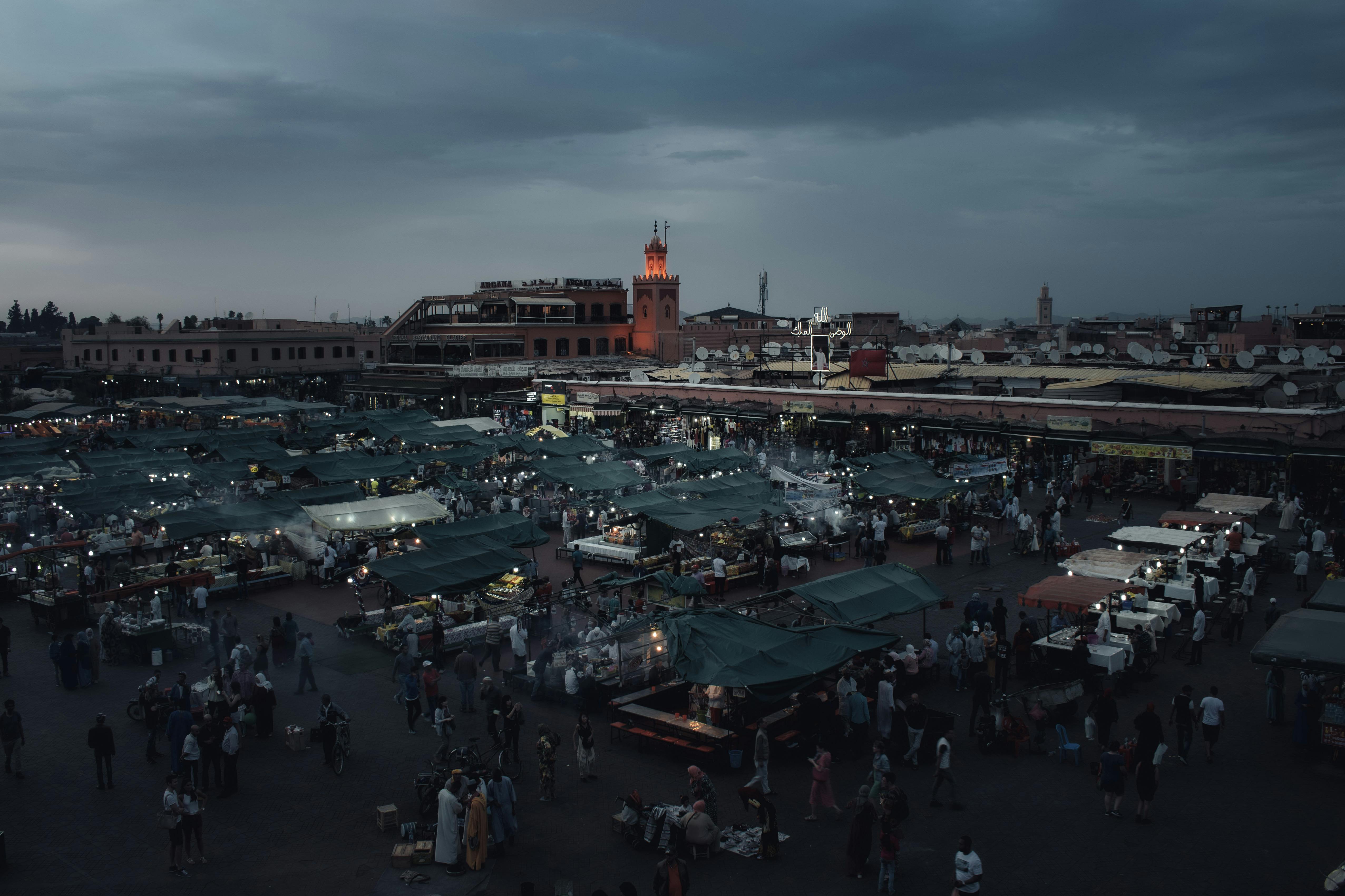 Jemaa el-Fna square at dusk in Marrakech